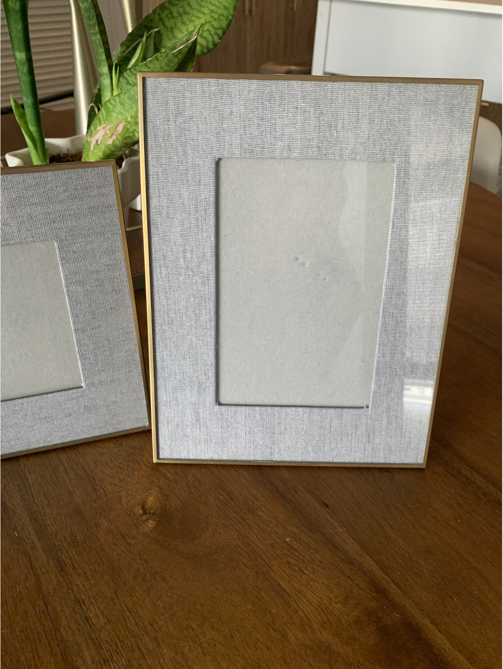 2 Photo Frames with Grey Linen Outside Mat and Gold Edging